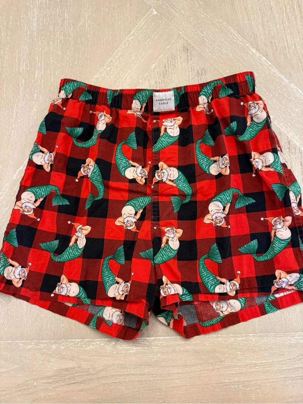 American Eagle Outfitters Red and Black Plaid Holiday Boxers Mermaid Santa